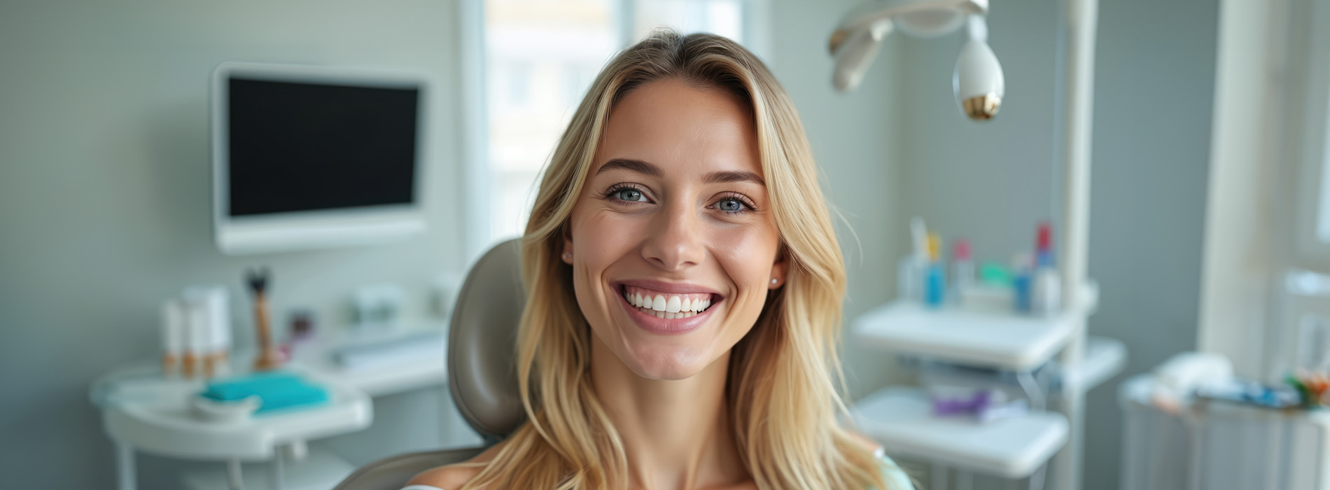 A woman with blonde hair sitting in a dental office chair, smiling at the camera.